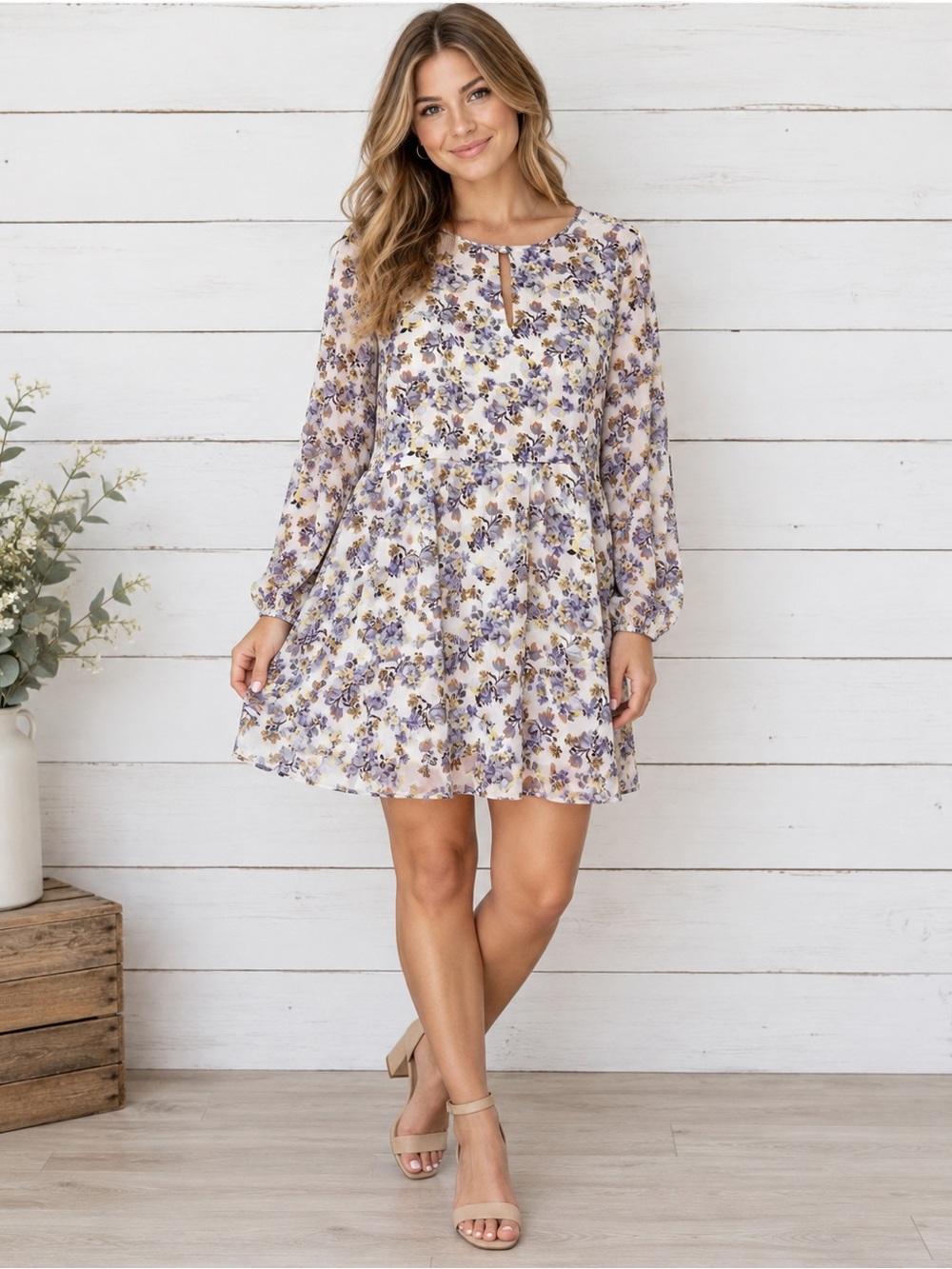 1.STATE Floral Long Sleeve Keyhole Back Lined Tunic Mini Dress Size Medium